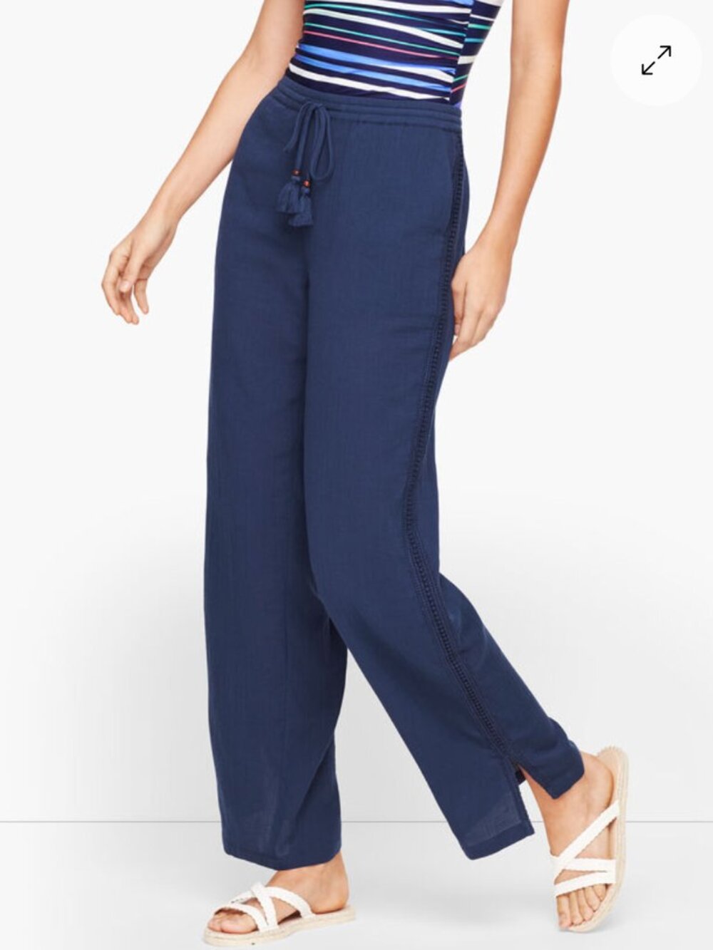 Talbots Crinkle Cotton Beach Pants XL Navy Blue Gauze Crochet Trim Tassel Resort